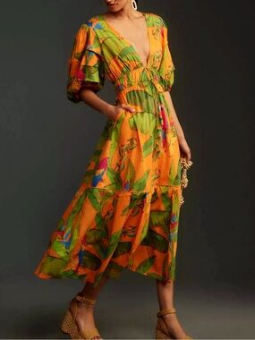 FARM RIO Orange Fresh Macaws 100% Cotton Midi Dress, NEW